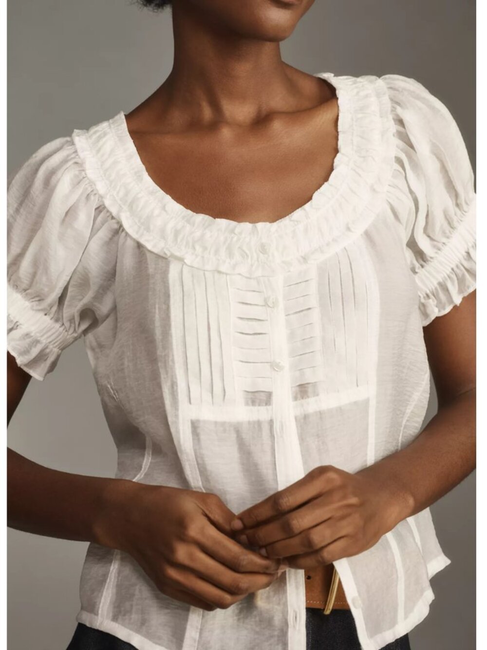 Anthropologie Pilcro Short-Sleeve Sheer Silky Blouse White S